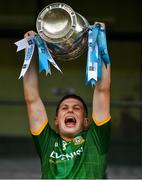 2 August 2021; Meath captain Liam Kelly lifts the cup after the 2021 Electric Ireland Leinster Minor Football Championship Final match between Meath and Dublin at Bord Na Mona O'Connor Park in Tullamore, Offaly. Photo by Ray McManus/Sportsfile