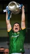 2 August 2021; Meath captain Liam Kelly lifts the cup after the 2021 Electric Ireland Leinster Minor Football Championship Final match between Meath and Dublin at Bord Na Mona O'Connor Park in Tullamore, Offaly. Photo by Ray McManus/Sportsfile