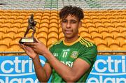 2 August 2021; Sean Emmanuel of Meath after receiving the Electric Ireland Man of the Match Award following the 2021 Electric Ireland Leinster Minor Football Championship Final match between Meath and Dublin at Bord Na Mona O Connor Park in Tullamore, Offaly. Photo by Ray McManus/Sportsfile
