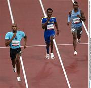 2 August 2021; Steven Gardiner of Bahamas on his way to winning his semi-final of the men's 400 metres ahead of Jonathan Jones of Barbados and Isaac Makwala of Botswana at the Olympic Stadium on day ten of the 2020 Tokyo Summer Olympic Games in Tokyo, Japan. Photo by Ramsey Cardy/Sportsfile