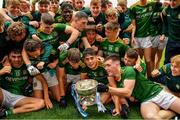 2 August 2021; Meath players celebrate with the cup after the 2021 Electric Ireland Leinster Minor Football Championship Final match between Meath and Dublin at Bord Na Mona O'Connor Park in Tullamore, Offaly. Photo by Ray McManus/Sportsfile
