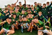 2 August 2021; Meath players celebrate with the cup after the 2021 Electric Ireland Leinster Minor Football Championship Final match between Meath and Dublin at Bord Na Mona O'Connor Park in Tullamore, Offaly. Photo by Ray McManus/Sportsfile