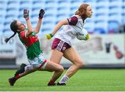 2 August 2021; Siobhán Divilly of Galway in action against Roisin Durcan of Mayo during the TG4 All-Ireland Senior Ladies Football Championship Quarter-Final match between Mayo and Galway at Elvery's MacHale Park in Castlebar, Co Mayo. Photo by Piaras Ó Mídheach/Sportsfile