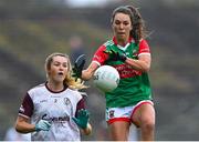2 August 2021; Niamh Kelly of Mayo in action against Laura Ahearne of Galway during the TG4 All-Ireland Senior Ladies Football Championship Quarter-Final match between Mayo and Galway at Elvery's MacHale Park in Castlebar, Co Mayo. Photo by Piaras Ó Mídheach/Sportsfile