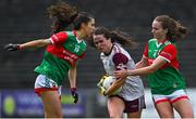 2 August 2021; Nicola Ward of Galway in action against Dayna Finn, left, and Ciara Whyte of Mayo during the TG4 All-Ireland Senior Ladies Football Championship Quarter-Final match between Mayo and Galway at Elverys MacHale Park in Castlebar, Co Mayo. Photo by Piaras Ó Mídheach/Sportsfile