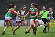 2 August 2021; Nicola Ward of Galway in action against Dayna Finn, left, and Ciara Whyte of Mayo during the TG4 All-Ireland Senior Ladies Football Championship Quarter-Final match between Mayo and Galway at Elvery's MacHale Park in Castlebar, Co Mayo. Photo by Piaras Ó Mídheach/Sportsfile