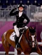 2 August 2021; Julia Krajewski of Germany riding Amande de B'Neville celebrates winning gold during the eventing jumping individual final at the Equestrian Park during the 2020 Tokyo Summer Olympic Games in Tokyo, Japan. Photo by Brendan Moran/Sportsfile
