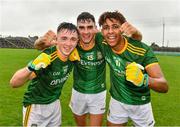 2 August 2021; Meath players, from left, Hughie Corcoran, Christian Finlay and Sean Emmanuel celebrate victory in the 2021 Electric Ireland Leinster Minor Football Championship Final match between Meath and Dublin at Bord Na Mona O'Connor Park in Tullamore, Offaly. Photo by Ray McManus/Sportsfile