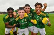 2 August 2021; Meath players, from left, Jamie Smith, Hughie Corcoran, Christian Finlay and Sean Emmanuel celebrate victory in the 2021 Electric Ireland Leinster Minor Football Championship Final match between Meath and Dublin at Bord Na Mona O'Connor Park in Tullamore, Offaly. Photo by Ray McManus/Sportsfile