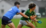 2 August 2021; Shaun Leonard of Meath in action against Eoghan O'Connor Flanagan of Dublin during the 2021 Electric Ireland Leinster Minor Football Championship Final match between Meath and Dublin at Bord Na Mona O'Connor Park in Tullamore, Offaly. Photo by Ray McManus/Sportsfile
