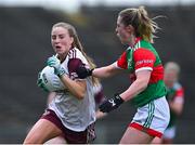 2 August 2021; Ailbhe Davoren of Galway in action against Sinead Cafferky of Mayo during the TG4 All-Ireland Senior Ladies Football Championship Quarter-Final match between Mayo and Galway at Elverys MacHale Park in Castlebar, Co Mayo. Photo by Piaras Ó Mídheach/Sportsfile