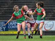 2 August 2021; Louise Ward of Galway in action against Ciara Whyte, left, and Dayna Finn of Mayo during the TG4 All-Ireland Senior Ladies Football Championship Quarter-Final match between Mayo and Galway at Elvery's MacHale Park in Castlebar, Co Mayo. Photo by Piaras Ó Mídheach/Sportsfile