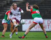 2 August 2021; Megan Glynn of Galway shoots under pressure from Ciara Whyte of Mayo during the TG4 All-Ireland Senior Ladies Football Championship Quarter-Final match between Mayo and Galway at Elverys MacHale Park in Castlebar, Co Mayo. Photo by Piaras Ó Mídheach/Sportsfile