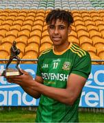 2 August 2021; Sean Emmanuel of Meath after receiving the Electric Ireland Man of the Match Award following the 2021 Electric Ireland Leinster Minor Football Championship Final match between Meath and Dublin at Bord Na Mona O Connor Park in Tullamore, Co Offaly. Photo by Ray McManus/Sportsfile