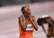 2 August 2021; Sifan Hassan of Netherlands reacts after winning the final of the women's 5000 metres at the Olympic Stadium on day ten of the 2020 Tokyo Summer Olympic Games in Tokyo, Japan. Photo by Ramsey Cardy/Sportsfile