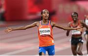 2 August 2021; Sifan Hassan of Netherlands celebrates after winning the final of the women's 5000 metres at the Olympic Stadium on day ten of the 2020 Tokyo Summer Olympic Games in Tokyo, Japan. Photo by Ramsey Cardy/Sportsfile