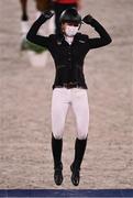 2 August 2021; Julia Krajewski of Germany before receiving her gold medal after winning the eventing jumping individual final at the Equestrian Park during the 2020 Tokyo Summer Olympic Games in Tokyo, Japan. Photo by Brendan Moran/Sportsfile