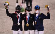 2 August 2021; Gold medallist Julia Krajewski of Germany, centre, with silver medallist Tom McEwen of Great Britain, left, and bronze medallist Andrew Hoy of Australia after the eventing jumping individual final at the Equestrian Park during the 2020 Tokyo Summer Olympic Games in Tokyo, Japan. Photo by Brendan Moran/Sportsfile