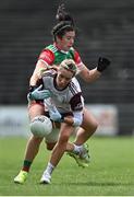 2 August 2021; Megan Glynn of Galway is fouled by Rachel Kearns of Mayo during the TG4 All-Ireland Senior Ladies Football Championship Quarter-Final match between Mayo and Galway at Elverys MacHale Park in Castlebar, Co Mayo. Photo by Piaras Ó Mídheach/Sportsfile