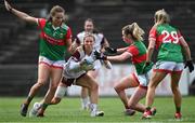 2 August 2021; Megan Glynn of Galway in action against Ciara Whyte, left, and Sinéad Cafferky of Mayo during the TG4 All-Ireland Senior Ladies Football Championship Quarter-Final match between Mayo and Galway at Elverys MacHale Park in Castlebar, Co Mayo. Photo by Piaras Ó Mídheach/Sportsfile