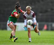 2 August 2021; Megan Glynn of Galway in action against Rachel Kearns of Mayo during the TG4 All-Ireland Senior Ladies Football Championship Quarter-Final match between Mayo and Galway at Elverys MacHale Park in Castlebar, Co Mayo. Photo by Piaras Ó Mídheach/Sportsfile