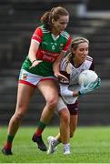 2 August 2021; Megan Glynn of Galway is tackled by Ciara Whyte of Mayo during the TG4 All-Ireland Senior Ladies Football Championship Quarter-Final match between Mayo and Galway at Elverys MacHale Park in Castlebar, Co Mayo. Photo by Piaras Ó Mídheach/Sportsfile