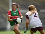 2 August 2021; Tamara O'Connor of Mayo in action against Laura Ahearne of Galway during the TG4 All-Ireland Senior Ladies Football Championship Quarter-Final match between Mayo and Galway at Elverys MacHale Park in Castlebar, Co Mayo. Photo by Piaras Ó Mídheach/Sportsfile