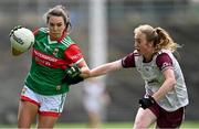 2 August 2021; Niamh Kelly of Mayo in action against Louise Ward of Galway during the TG4 All-Ireland Senior Ladies Football Championship Quarter-Final match between Mayo and Galway at Elverys MacHale Park in Castlebar, Co Mayo. Photo by Piaras Ó Mídheach/Sportsfile