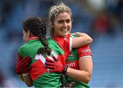 2 August 2021; Mayo players Marie Reilly, right, and Roisin Durcan celebrate after their side's victory in the TG4 All-Ireland Senior Ladies Football Championship Quarter-Final match between Mayo and Galway at Elverys MacHale Park in Castlebar, Co Mayo. Photo by Piaras Ó Mídheach/Sportsfile