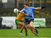 2 August 2021; Lyndsey Davey of Dublin in action against Amy Boyle Carr of Donegal during the TG4 All-Ireland Senior Ladies Football Championship Quarter-Final match between Dublin and Donegal at Páirc Seán Mac Diarmada in Carrick-On-Shannon, Leitrim. Photo by Eóin Noonan/Sportsfile