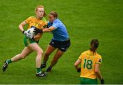 2 August 2021; Evelyn McGinley of Donegal is tackled by Orlagh Nolan of Dublin during the TG4 All-Ireland Senior Ladies Football Championship Quarter-Final match between Dublin and Donegal at Páirc Seán Mac Diarmada in Carrick-On-Shannon, Leitrim. Photo by Eóin Noonan/Sportsfile