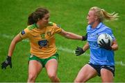 2 August 2021; Carla Rowe of Dublin in action against Niamh Boyle of Donegal during the TG4 All-Ireland Senior Ladies Football Championship Quarter-Final match between Dublin and Donegal at Páirc Seán Mac Diarmada in Carrick-On-Shannon, Leitrim. Photo by Eóin Noonan/Sportsfile