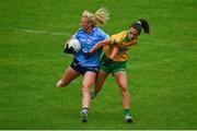 2 August 2021; Carla Rowe of Dublin is tackled by Amy Boyle Carr of Donegal during the TG4 All-Ireland Senior Ladies Football Championship Quarter-Final match between Dublin and Donegal at Páirc Seán Mac Diarmada in Carrick-On-Shannon, Leitrim. Photo by Eóin Noonan/Sportsfile