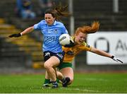 2 August 2021; Lyndsey Davey of Dublin is tackled by Evelyn McGinley of Donegal during the TG4 All-Ireland Senior Ladies Football Championship Quarter-Final match between Dublin and Donegal at Páirc Seán Mac Diarmada in Carrick-On-Shannon, Leitrim. Photo by Eóin Noonan/Sportsfile