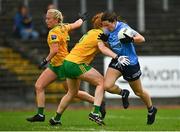 2 August 2021; Lyndsey Davey of Dublin is tackled by Evelyn McGinley of Donegal during the TG4 All-Ireland Senior Ladies Football Championship Quarter-Final match between Dublin and Donegal at Páirc Seán Mac Diarmada in Carrick-On-Shannon, Leitrim. Photo by Eóin Noonan/Sportsfile