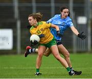 2 August 2021; Catherine Boyle of Donegal in action against Lyndsey Davey of Dublin during the TG4 All-Ireland Senior Ladies Football Championship Quarter-Final match between Dublin and Donegal at Páirc Seán Mac Diarmada in Carrick-On-Shannon, Leitrim. Photo by Eóin Noonan/Sportsfile