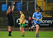 2 August 2021; Martha Byrne of Dublin is sin binned by referee Shane Curley during the TG4 All-Ireland Senior Ladies Football Championship Quarter-Final match between Dublin and Donegal at Páirc Seán Mac Diarmada in Carrick-On-Shannon, Leitrim. Photo by Eóin Noonan/Sportsfile