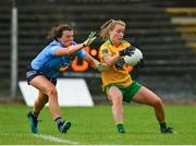 2 August 2021; Niamh McLaughlin of Donegal in action against Leah Caffrey of Dublin during the TG4 All-Ireland Senior Ladies Football Championship Quarter-Final match between Dublin and Donegal at Páirc Seán Mac Diarmada in Carrick-On-Shannon, Leitrim. Photo by Eóin Noonan/Sportsfile