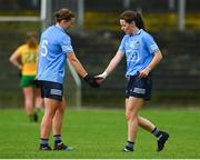 2 August 2021; Dublin players Orlagh Nolan, left, and Lyndsey Davey during the TG4 All-Ireland Senior Ladies Football Championship Quarter-Final match between Dublin and Donegal at Páirc Seán Mac Diarmada in Carrick-On-Shannon, Leitrim. Photo by Eóin Noonan/Sportsfile