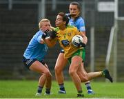 2 August 2021; Nicole McLaughlin of Donegal is tackled by Carla Rowe of Dublin during the TG4 All-Ireland Senior Ladies Football Championship Quarter-Final match between Dublin and Donegal at Páirc Seán Mac Diarmada in Carrick-On-Shannon, Leitrim. Photo by Eóin Noonan/Sportsfile