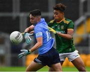 2 August 2021; Scott McConnell of Dublin in action against Sean Emmanuel of Meath during the 2021 Electric Ireland Leinster Minor Football Championship Final match between Meath and Dublin at Bord Na Mona O'Connor Park in Tullamore, Offaly. Photo by Ray McManus/Sportsfile