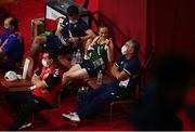 3 August 2021; Kellie Harrington of Ireland with Bernard Dunne, left, and coach John Conlan, right, before her women's lightweight quarter-final bout against Imane Khelif of Algeria at the Kokugikan Arena during the 2020 Tokyo Summer Olympic Games in Tokyo, Japan. Photo by Stephen McCarthy/Sportsfile