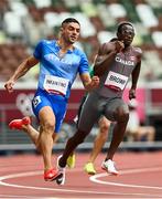 3 August 2021; Aaron Brown of Canada, right, and Antonio Infantino of Italy in action during the men's 200 metre heats at the Olympic Stadium during the 2020 Tokyo Summer Olympic Games in Tokyo, Japan. Photo by Ramsey Cardy/Sportsfile