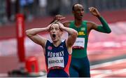 3 August 2021; Karsten Warholm of Norway reacts after setting a new world record, of 45.94, after winning the men's 400 metres hurdles final at the Olympic Stadium during the 2020 Tokyo Summer Olympic Games in Tokyo, Japan. Photo by Ramsey Cardy/Sportsfile