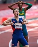 3 August 2021; Karsten Warholm of Norway reacts after setting a new world record, of 45.94, after winning the men's 400 metres hurdles final at the Olympic Stadium during the 2020 Tokyo Summer Olympic Games in Tokyo, Japan. Photo by Ramsey Cardy/Sportsfile