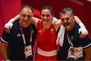 3 August 2021; Kellie Harrington of Ireland with coaches John Conlan, right, and Zaur Antia after her victory in the women's lightweight quarter-final bout against Imane Khelif of Algeria at the Kokugikan Arena during the 2020 Tokyo Summer Olympic Games in Tokyo, Japan. Photo by Brendan Moran/Sportsfile