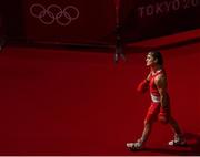 3 August 2021; Kellie Harrington of Ireland makes her way to the ring before her women's lightweight quarter-final bout against Imane Khelif of Algeria at the Kokugikan Arena during the 2020 Tokyo Summer Olympic Games in Tokyo, Japan. Photo by Stephen McCarthy/Sportsfile