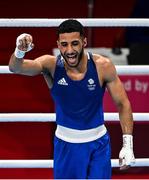 3 August 2021; Galal Yafai of Great Britain celebrates victory over Yosbany Veitia of Cuba following their men's flyweight quarter-final bout at the Kokugikan Arena during the 2020 Tokyo Summer Olympic Games in Tokyo, Japan. Photo by Brendan Moran/Sportsfile