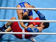 3 August 2021; Gabriel Escobar Mascunano of Spain, bottom, and Saken Bibossinov of Kazakhstan fall to the canvas during their men's flyweight quarter-final bout at the Kokugikan Arena during the 2020 Tokyo Summer Olympic Games in Tokyo, Japan. Photo by Brendan Moran/Sportsfile
