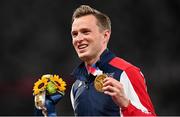 3 August 2021; Karsten Warholm of Norway with his gold medal during the medals ceremony for the men's 400m hurdles at the Olympic Stadium during the 2020 Tokyo Summer Olympic Games in Tokyo, Japan. Photo by Ramsey Cardy/Sportsfile
